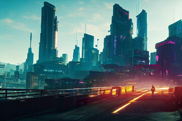 Concept art illustration of skyline of cyberpunk city - obrazy, fototapety, plakaty