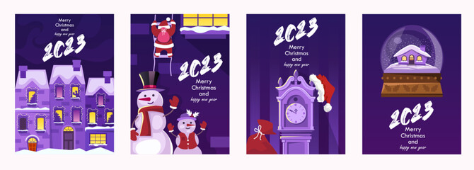 2023 new year. Christmas cards. Set of templates for banners, postcards, posters, covers, cards, flyers. Cartoon houses and characters. Vector illustration.