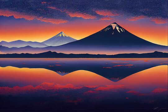 A mountaineer with an orange dress in a symmetric picture looking to the taranaki volcano in the north island of new zealand and with the reflection of tho mountain and the climber in a lake. Zeland