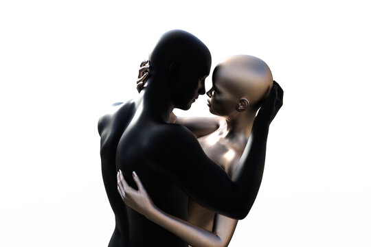 3d illustration. Bald couple hugging. Black man and silver woman on a white background.