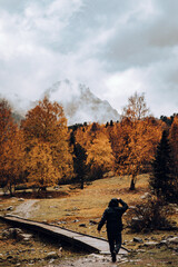 Unrecognizable man walking in a valley with mountains and trees