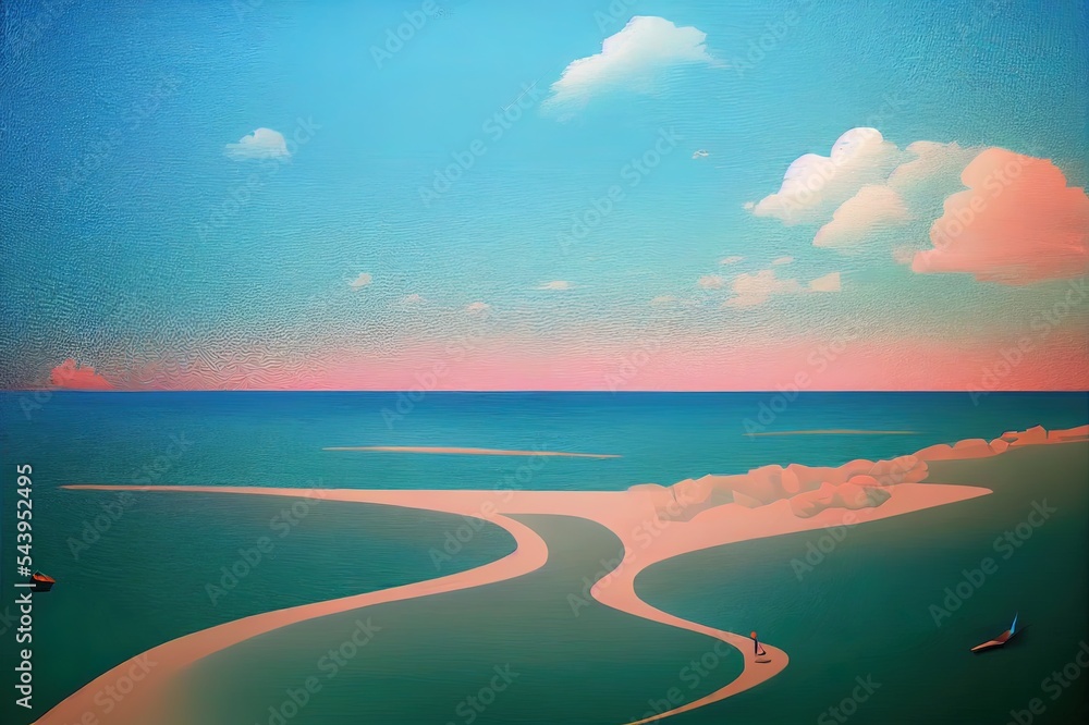 Poster abstract summer landscape scene with geometric form. ocean beach view. 3d rendering.
