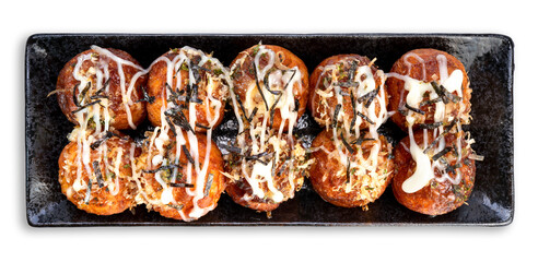 Japanese cuisine Takoyaki octopus balls with takoyaki sauce on white background , Traditional Japanese food.