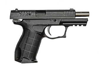 a pistol with a cocked bolt. isolated, transparent background.