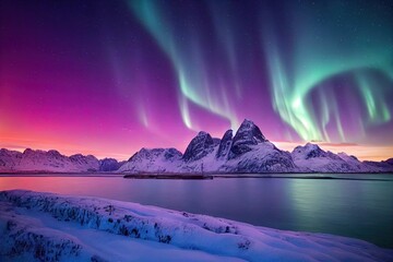 Aurora Borealis, Lofoten islands, Norway. Nothen light, mountains and frozen ocean. Winter landscape at the night time. Norway travel image - obrazy, fototapety, plakaty