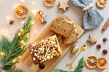 Traditional french spice gingerbread cake with honey, ginger, cinnamon, nutmeg and annis. Christmas dessert, festive sweet food for winter holidays celebration - obrazy, fototapety, plakaty