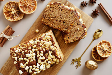 Traditional french spice gingerbread cake with honey, ginger, cinnamon, nutmeg and annis. Christmas dessert, festive sweet food for winter holidays celebration