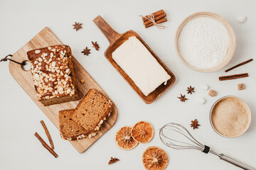 Traditional french spice gingerbread cake with honey, ginger, cinnamon, nutmeg and annis. Christmas dessert, festive sweet food for winter holidays celebration
