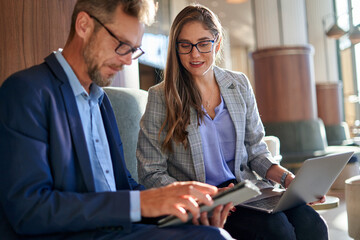 Business man and woman coworkers. business people together