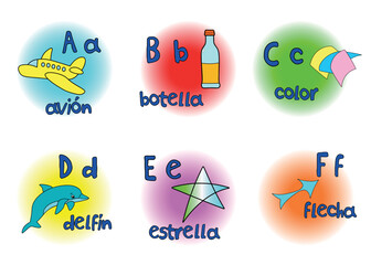 six letters of spanish alphabet with upper and lower case letters and example words with pictures; vector design for teachers, schools, lessons