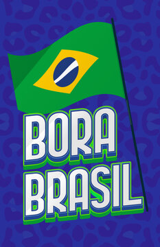 Arte de torcida para o Brasil na copa do mundo. Frase Bora Brasil estilizado para campanhas com fundo azul e textura da on&ccedil;a parda.