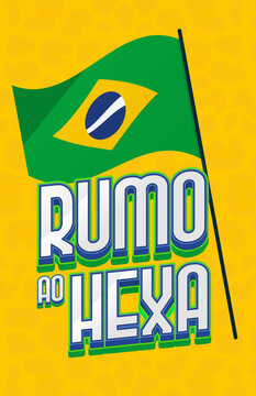 Arte de torcida para o Brasil na copa do mundo. Rumo ao hexa estilizado para campanhas de futebol com fundo amarelo e textura da on&ccedil;a parda.
