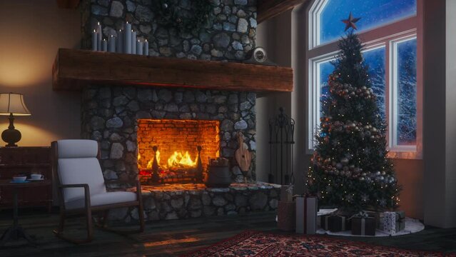 Cozy Chalet Interior With Fireplace At Christmas Night Seamless Looping