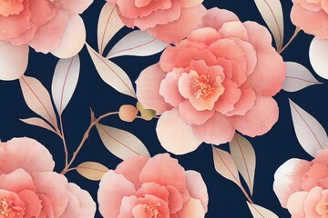 Watercolor seamless pattern with camellia flowers. Perfect for wallpaper, fabric design, wrapping paper, surface textures, digital paper.