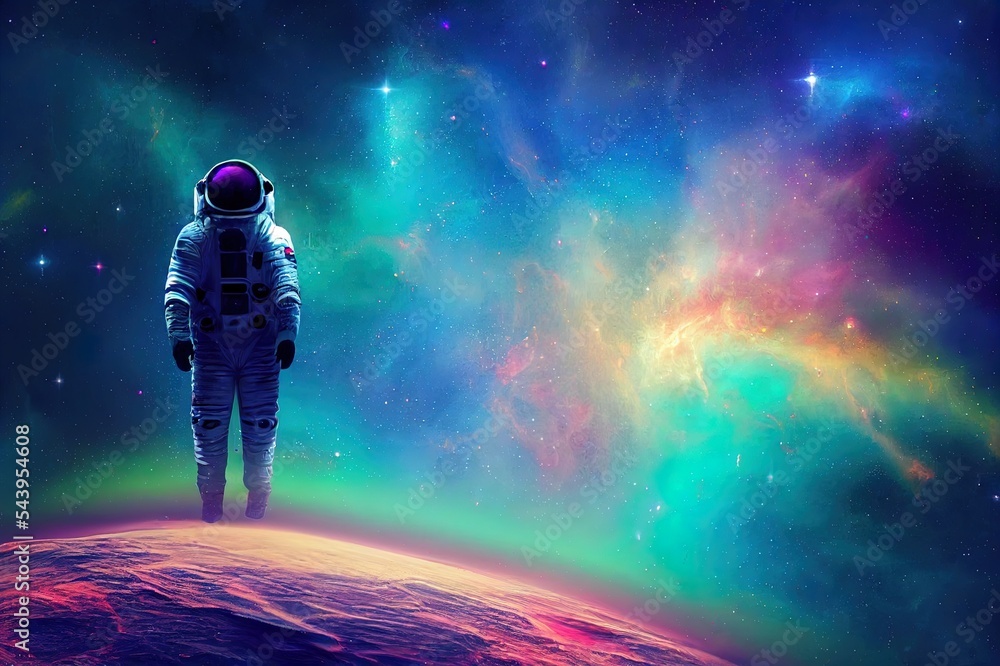 Poster space background. astronaut standing on reflection surface with colorful fractal nebula. digital pai