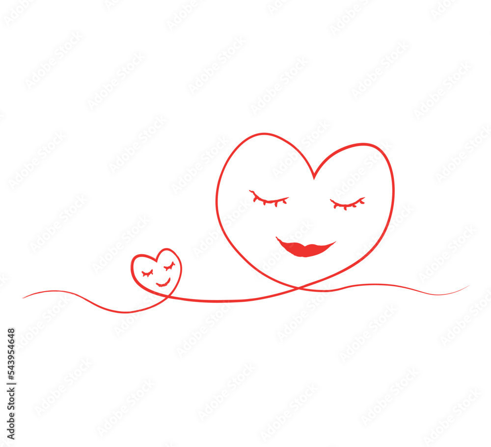 Wall mural two red hearts in a continuous line on a white background, child and parent love, vector design for fashion and poster prints, wall art, sticker, mug, bag