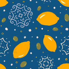 Lemons and olives seamless pattern. Sicily pattern - 543954698