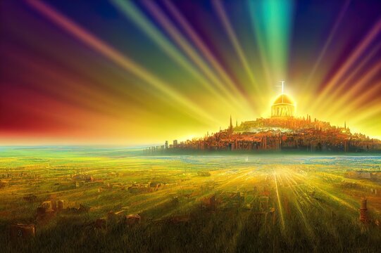 The New Jerusalem Holy City of Zion glowing with the glory of God in front of a grassy plain. Biblical imagery Revelation concept of New Earth. 3d rendering religious illustration.