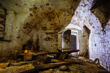 Old abandoned messy underground vaulted cellar