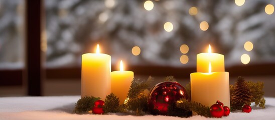 Burning candles with Christmas ornaments and decor against window bokeh background