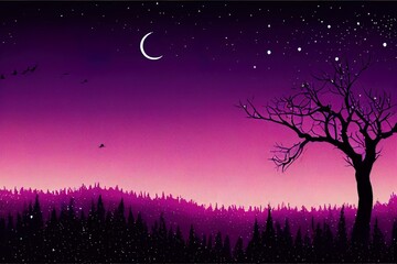 Fototapeta premium Black Purple Night Gradient With Silhouette Dark Black Tree And Birds With Stars