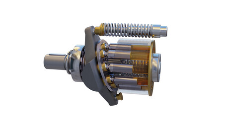 Hydraulic axial piston pump showing the internals with swash plate, piston shoes and more with oil...