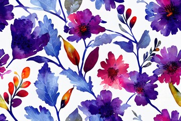 Fototapeta na wymiar Colorful seamless floral pattern with abstract birds, flowers, leaves and berries. Watercolor garden print, textile or wallpapers with design abstract elements isolated on ivory background.