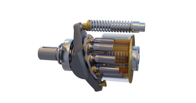 Hydraulic axial piston pump showing the internals with swash plate, piston shoes and more with oil simulation.
