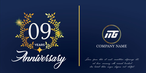 Obraz na płótnie Canvas 09th anniversary logo with elegant ornament monogram and logo name template on elegant blue background, sparkle, vector design for greeting card.