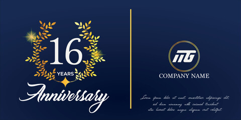 16th anniversary logo with elegant ornament monogram and logo name template on elegant blue background, sparkle, vector design for greeting card.