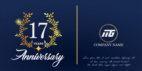 17th anniversary logo with elegant ornament monogram and logo name template on elegant blue background, sparkle, vector design for greeting card.
