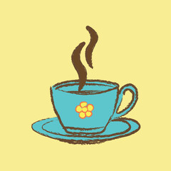 coffee in a cosy blue cup on a yellow background; vector design for fashion and poster prints, wall art, sticker, mug