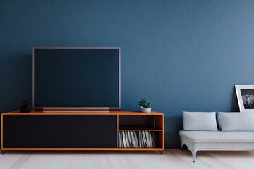 Tv cabinet in living room on dark blue wall.3d rendering