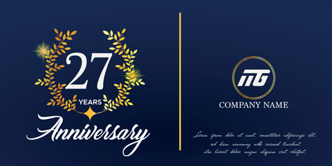 27th anniversary logo with elegant ornament monogram and logo name template on elegant blue background, sparkle, vector design for greeting card.