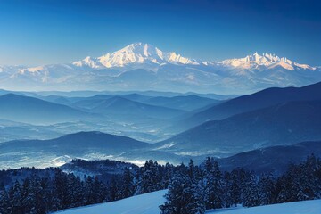 Bansko, Bulgaria winter ski resort with blue gondola lift cabins, forest pine trees and mountains view