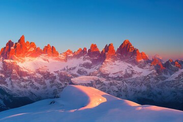 Fototapeta na wymiar Sunrise view of the snow capped mountains from rifugio Lagazuoi, Dolomites, Italy. Winter dawn in the mountains, the surroundings of Cortina d'Ampezzo. Morning mountain landscape, the Alps.