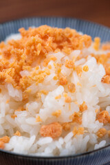 白飯に鮭フレークをかけて食べる