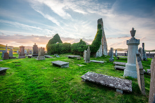 Balnakeil Chapel,historic church ruins and graveyard at sunset,next to Balnakeil Beach, Lairg,northwest Scotland,UK.