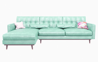 Green leather corner sofa seat. Modern armchair. 3d rendering.