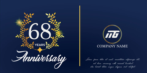68th anniversary logo with elegant ornament monogram and logo name template on elegant blue background, sparkle, vector design for greeting card.