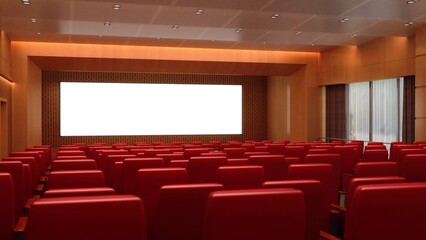 Obraz premium Cinema with blank screen and red seats. Auditorium movie theater scene, 3D Rendering.