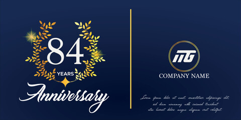 84th anniversary logo with elegant ornament monogram and logo name template on elegant blue background, sparkle, vector design for greeting card.