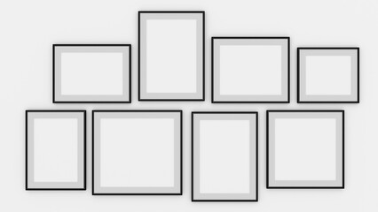 Black frames collection, eight blank frameworks set isolated on white wall, interior decor mock up, 3d rendering.