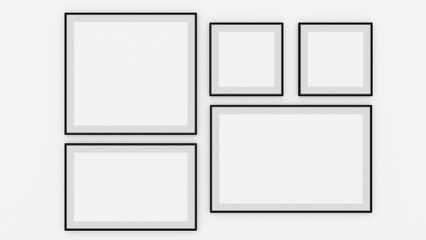 Black frames collection, five blank frameworks set isolated on white wall, interior decor mock up, 3d rendering.