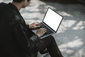 Employees fired or resigned from the company use laptop to find a job, schedule an interview..Unemployed, hiring job, quitting job concept.