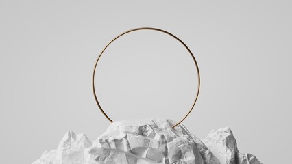 Fototapeta 3d render, abstract white background with golden ring, round frame integrated into chalk rock stone, aesthetic minimalist wallpaper obraz