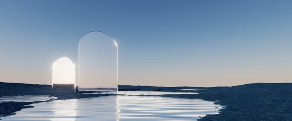 3d render, abstract zen seascape background. Nordic surreal scenery with mirror arch, calm water and pastel gradient sky. Futuristic minimalist wallpaper