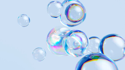 3d render, abstract background with iridescent soap bubbles, translucent balls