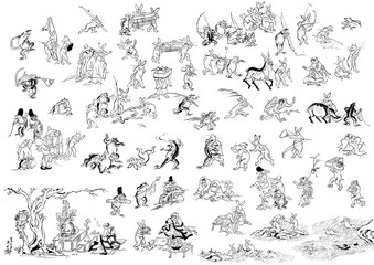 鳥獣戯画　鳥獣人物戯画　兎　蛙　鹿　猪　猿　狐　鳥　猫　相撲　祭司　弓矢