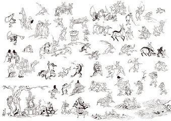 鳥獣戯画　鳥獣人物戯画　兎　蛙　鹿　猪　猿　狐　鳥　猫　相撲　祭司　弓矢　日本　日本画　中国　韓国